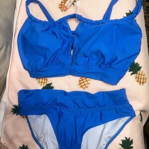 NWT LADIES LUCKY BOP Blue RUCHED DETAIL ELEGANT CROSS BACK BIKINI SET SIZE XXL